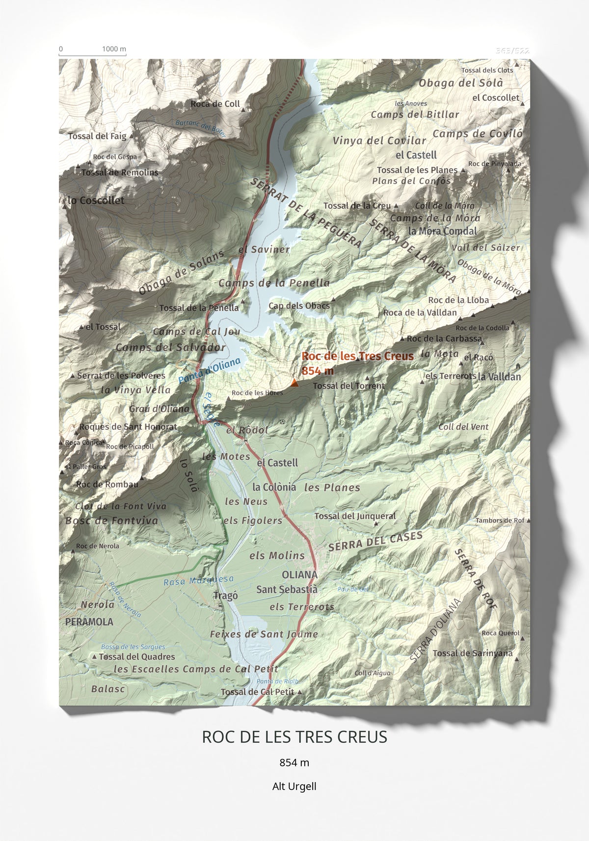 Mapa de relieve de Roc de les Tres Creus, 854 m, Alt Urgell, lámina 100 Cims de Trobart 21 × 30 cm.