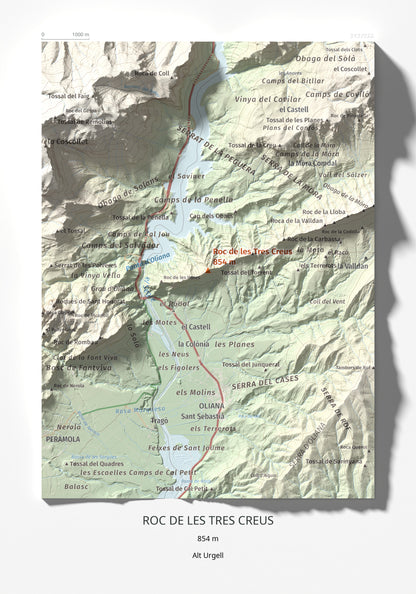 Mapa de relieve de Roc de les Tres Creus, 854 m, Alt Urgell, lámina 100 Cims de Trobart 21 × 30 cm.