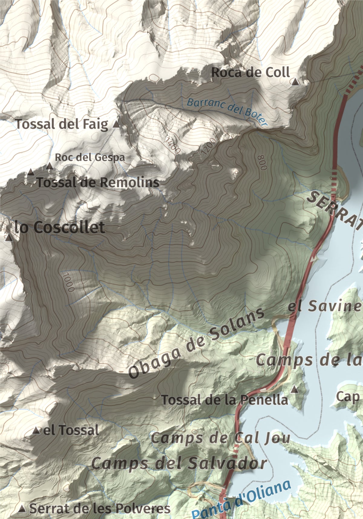 Mapa de relieve de Roc de les Tres Creus, 854 m, Alt Urgell, lámina 100 Cims de Trobart. Detalle de la zona superior izquierda. 21 × 30 cm.