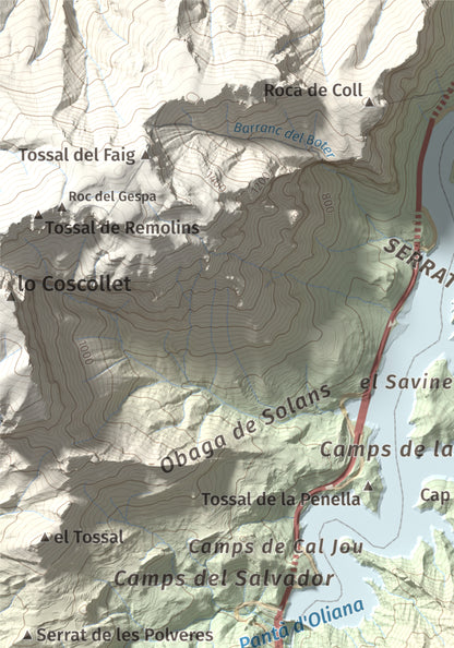 Mapa de relieve de Roc de les Tres Creus, 854 m, Alt Urgell, lámina 100 Cims de Trobart. Detalle de la zona superior izquierda. 21 × 30 cm.