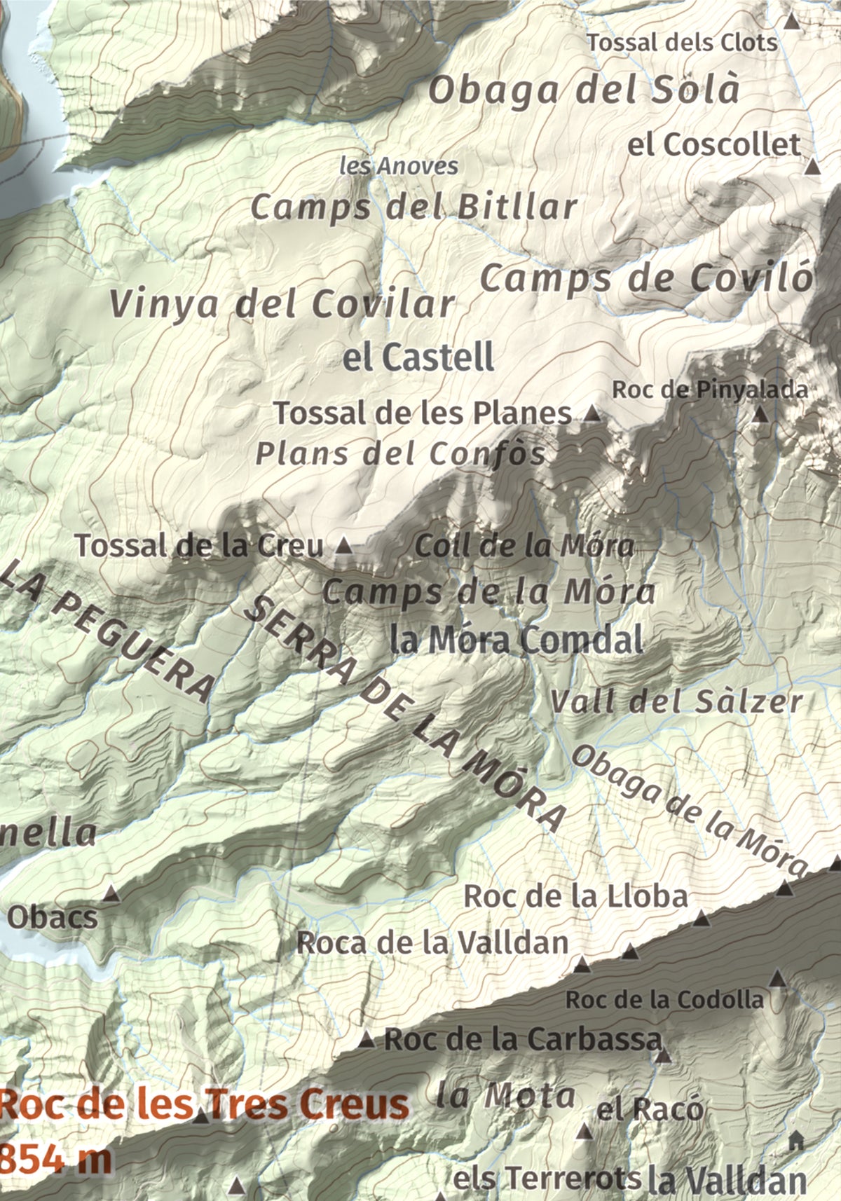 Mapa de relieve de Roc de les Tres Creus, 854 m, Alt Urgell, lámina 100 Cims de Trobart. Detalle de la zona superior derecha. 21 × 30 cm.