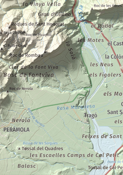 Mapa de relieve de Roc de les Tres Creus, 854 m, Alt Urgell, lámina 100 Cims de Trobart. Detalle de la zona inferior izquierda. 21 × 30 cm.