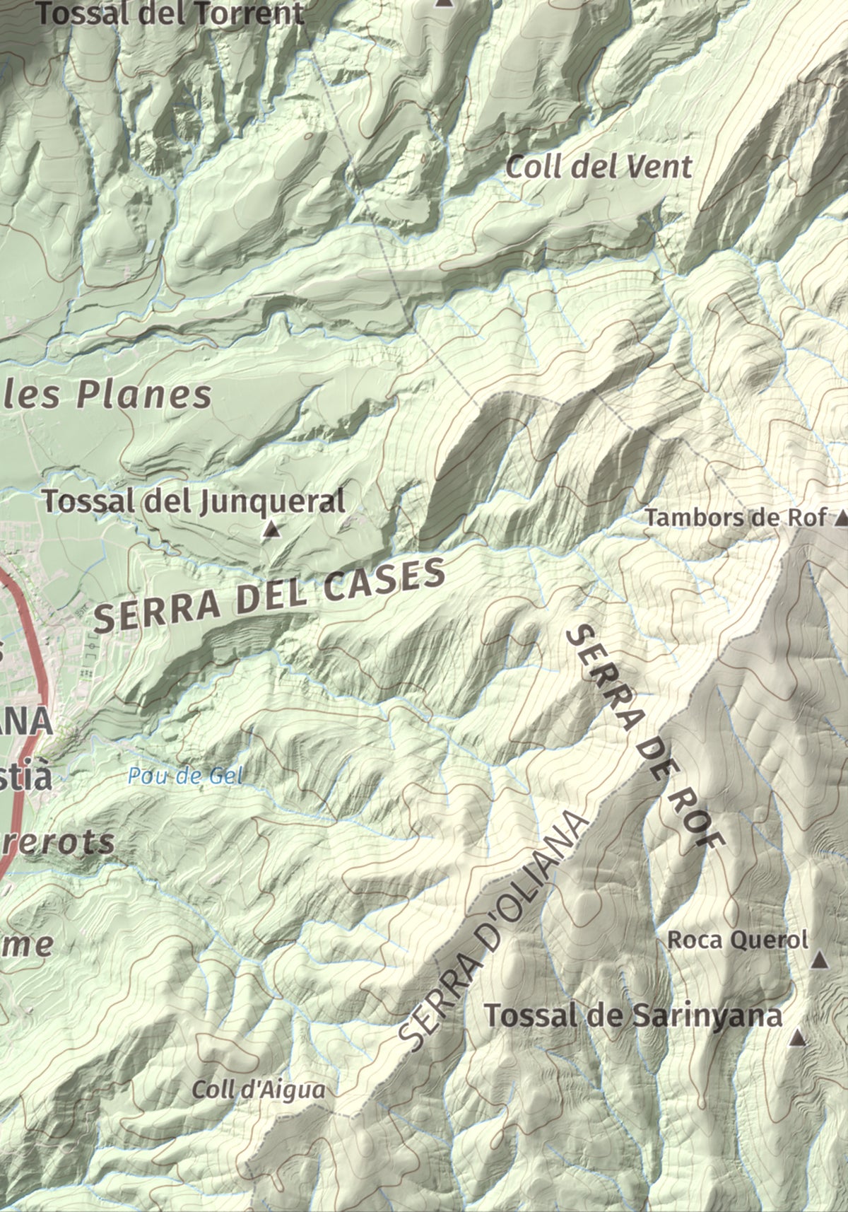 Mapa de relieve de Roc de les Tres Creus, 854 m, Alt Urgell, lámina 100 Cims de Trobart. Detalle de la zona inferior derecha. 21 × 30 cm.