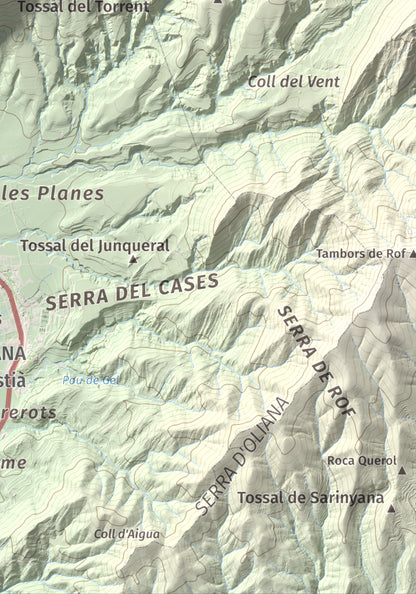 Mapa de relieve de Roc de les Tres Creus, 854 m, Alt Urgell, lámina 100 Cims de Trobart. Detalle de la zona inferior derecha. 21 × 30 cm.