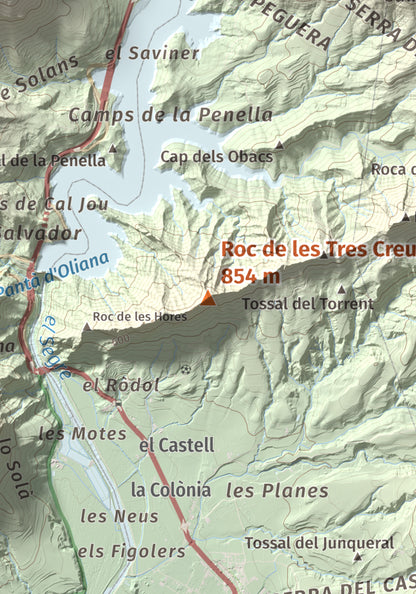 Mapa de relieve de Roc de les Tres Creus, 854 m, Alt Urgell, lámina 100 Cims de Trobart. Detalle de la zona central. 21 × 30 cm.