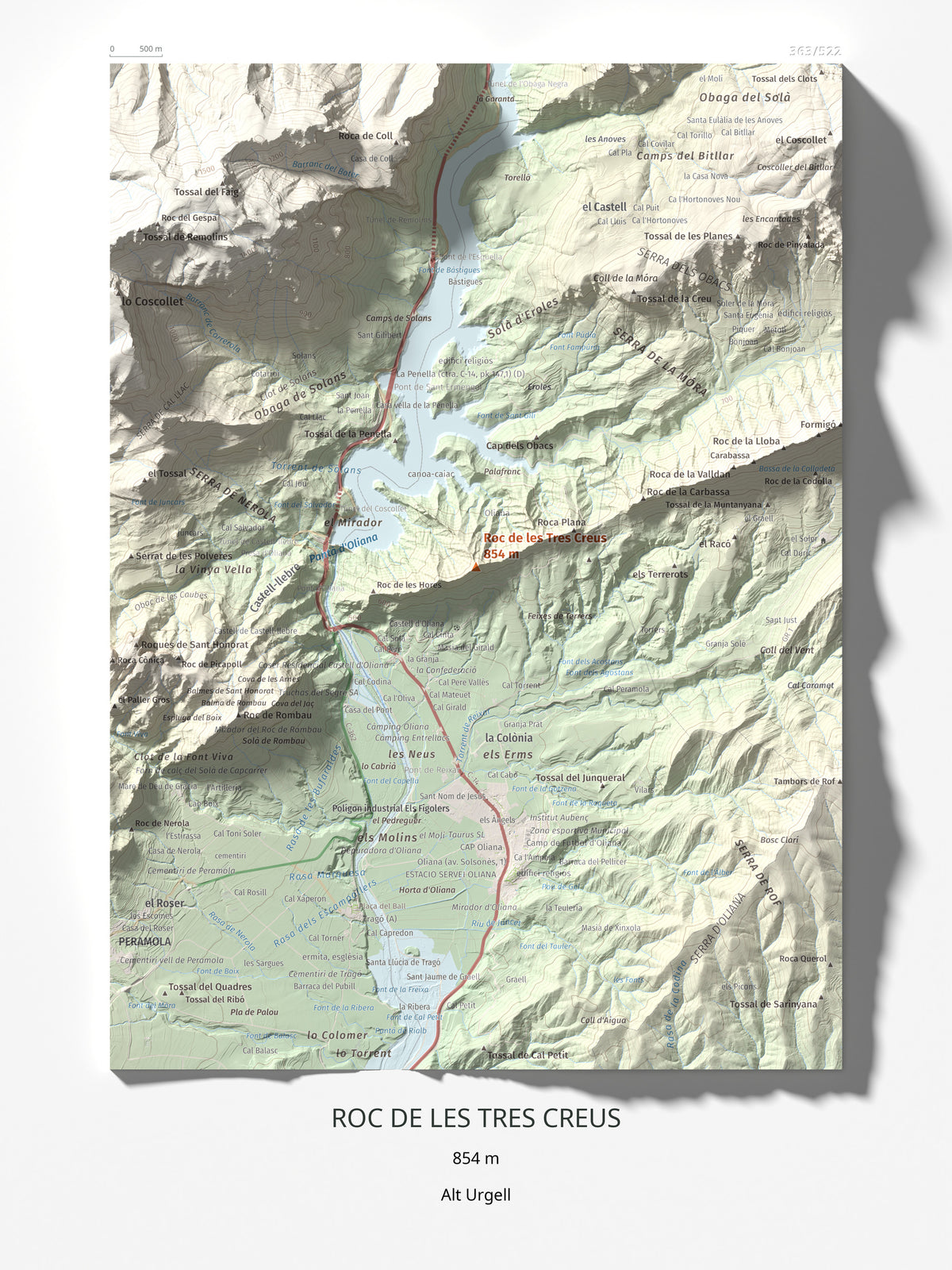 Mapa de relieve de Roc de les Tres Creus, 854 m, Alt Urgell, lámina 100 Cims de Trobart 30 × 40 cm.