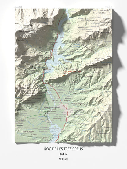 Mapa de relieve de Roc de les Tres Creus, 854 m, Alt Urgell, lámina 100 Cims de Trobart 30 × 40 cm.