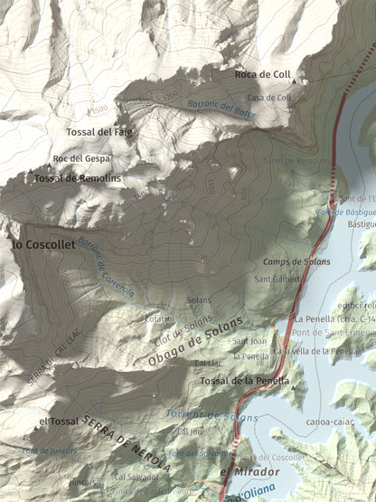 Mapa de relieve de Roc de les Tres Creus, 854 m, Alt Urgell, lámina 100 Cims de Trobart. Detalle de la zona superior izquierda. 30 × 40 cm.