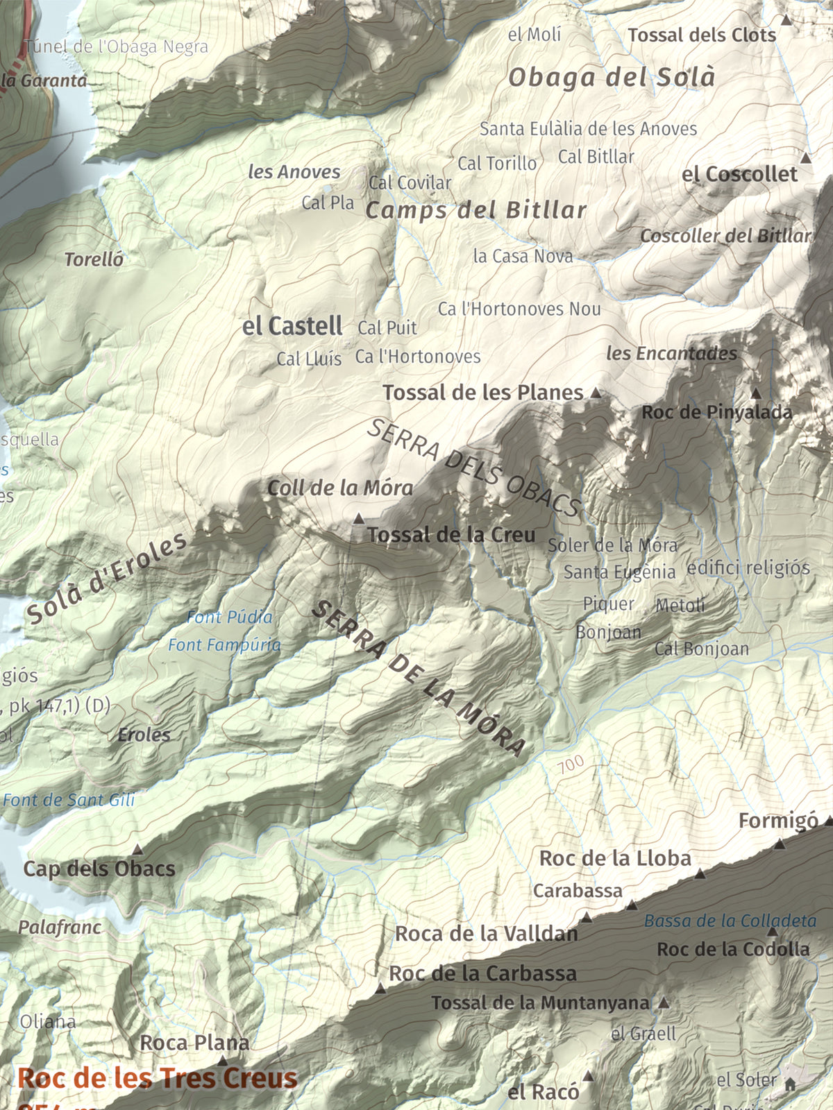 Mapa de relieve de Roc de les Tres Creus, 854 m, Alt Urgell, lámina 100 Cims de Trobart. Detalle de la zona superior derecha. 30 × 40 cm.