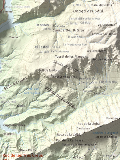 Mapa de relieve de Roc de les Tres Creus, 854 m, Alt Urgell, lámina 100 Cims de Trobart. Detalle de la zona superior derecha. 30 × 40 cm.