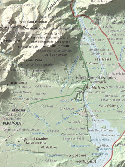 Mapa de relieve de Roc de les Tres Creus, 854 m, Alt Urgell, lámina 100 Cims de Trobart. Detalle de la zona inferior izquierda. 30 × 40 cm.