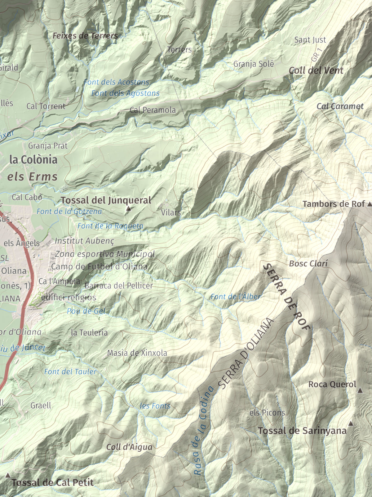 Mapa de relieve de Roc de les Tres Creus, 854 m, Alt Urgell, lámina 100 Cims de Trobart. Detalle de la zona inferior derecha. 30 × 40 cm.