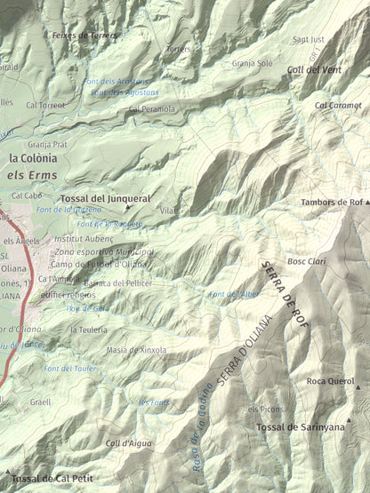 Mapa de relieve de Roc de les Tres Creus, 854 m, Alt Urgell, lámina 100 Cims de Trobart. Detalle de la zona inferior derecha. 30 × 40 cm.