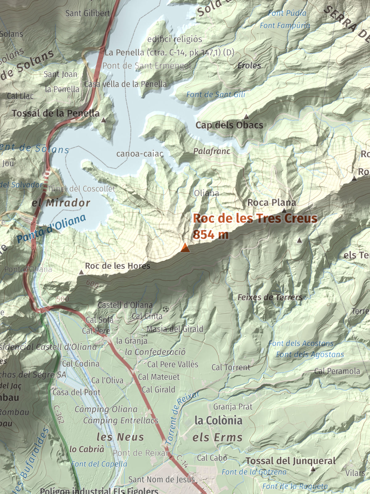 Mapa de relieve de Roc de les Tres Creus, 854 m, Alt Urgell, lámina 100 Cims de Trobart. Detalle de la zona central. 30 × 40 cm.