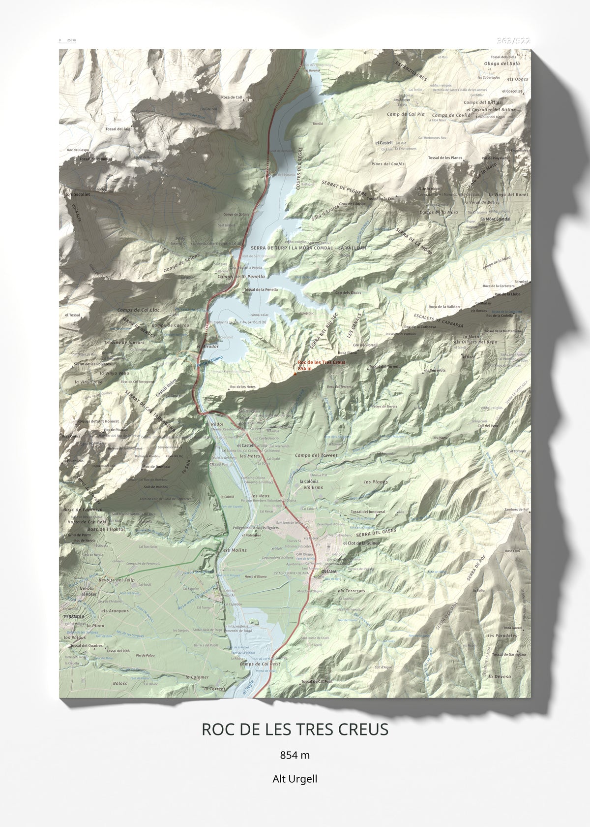 Mapa de relieve de Roc de les Tres Creus, 854 m, Alt Urgell, lámina 100 Cims de Trobart 50 × 70 cm.