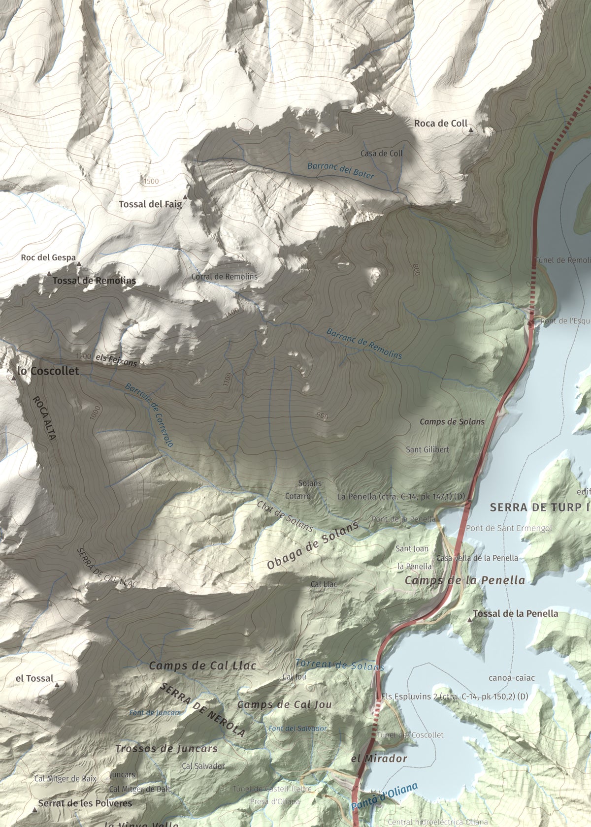 Mapa de relieve de Roc de les Tres Creus, 854 m, Alt Urgell, lámina 100 Cims de Trobart. Detalle de la zona superior izquierda. 50 × 70 cm.