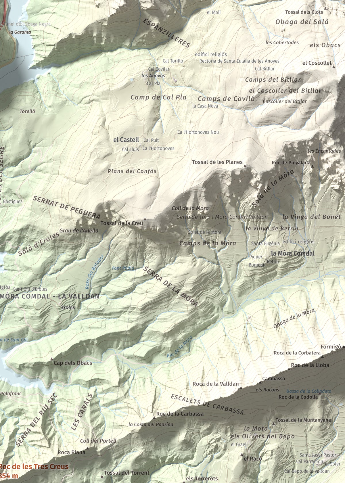 Mapa de relieve de Roc de les Tres Creus, 854 m, Alt Urgell, lámina 100 Cims de Trobart. Detalle de la zona superior derecha. 50 × 70 cm.