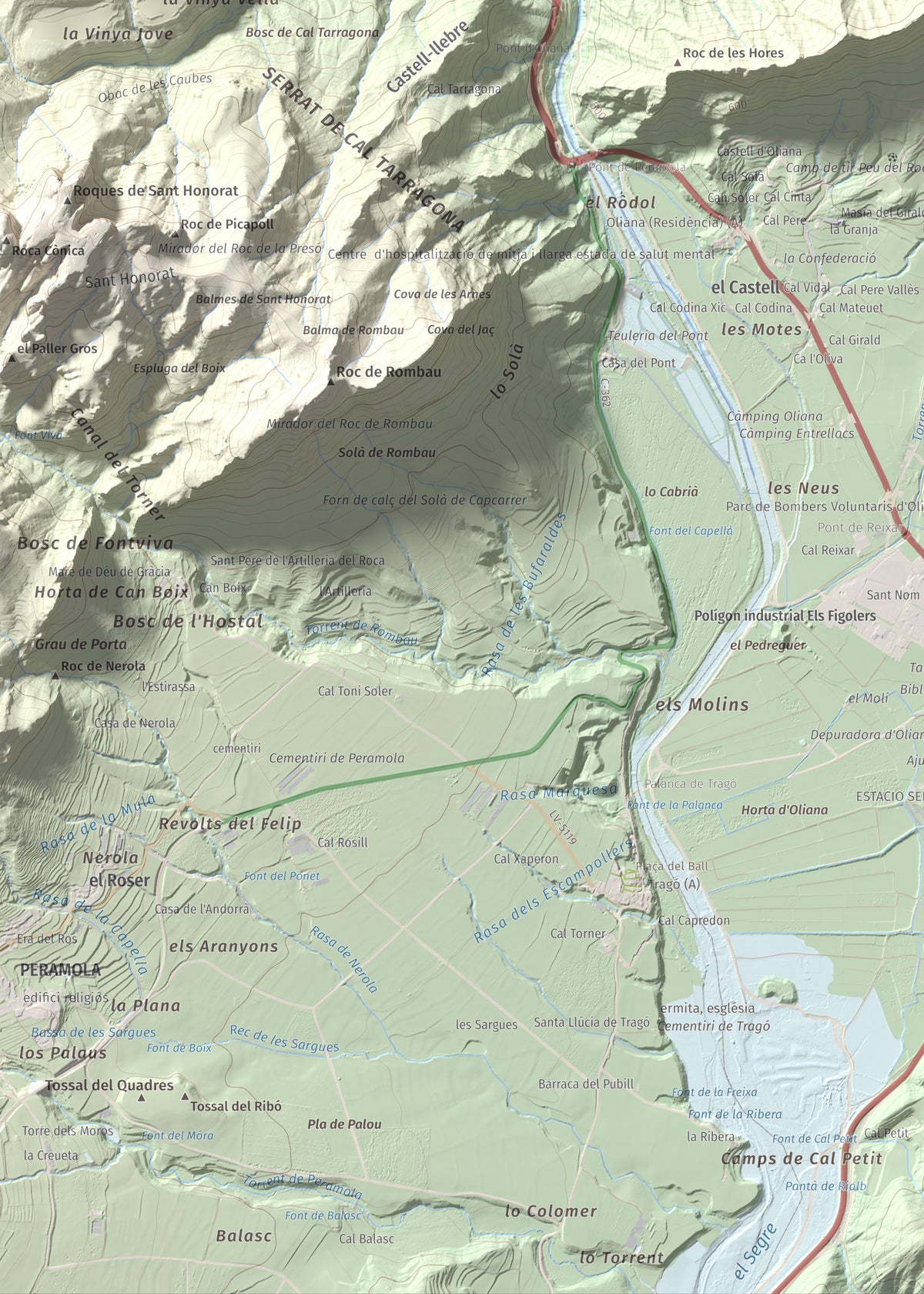 Mapa de relieve de Roc de les Tres Creus, 854 m, Alt Urgell, lámina 100 Cims de Trobart. Detalle de la zona inferior izquierda. 50 × 70 cm.