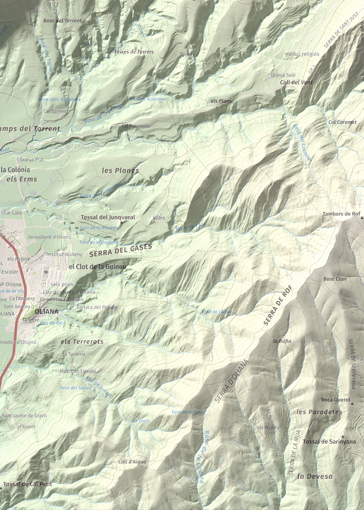 Mapa de relieve de Roc de les Tres Creus, 854 m, Alt Urgell, lámina 100 Cims de Trobart. Detalle de la zona inferior derecha. 50 × 70 cm.