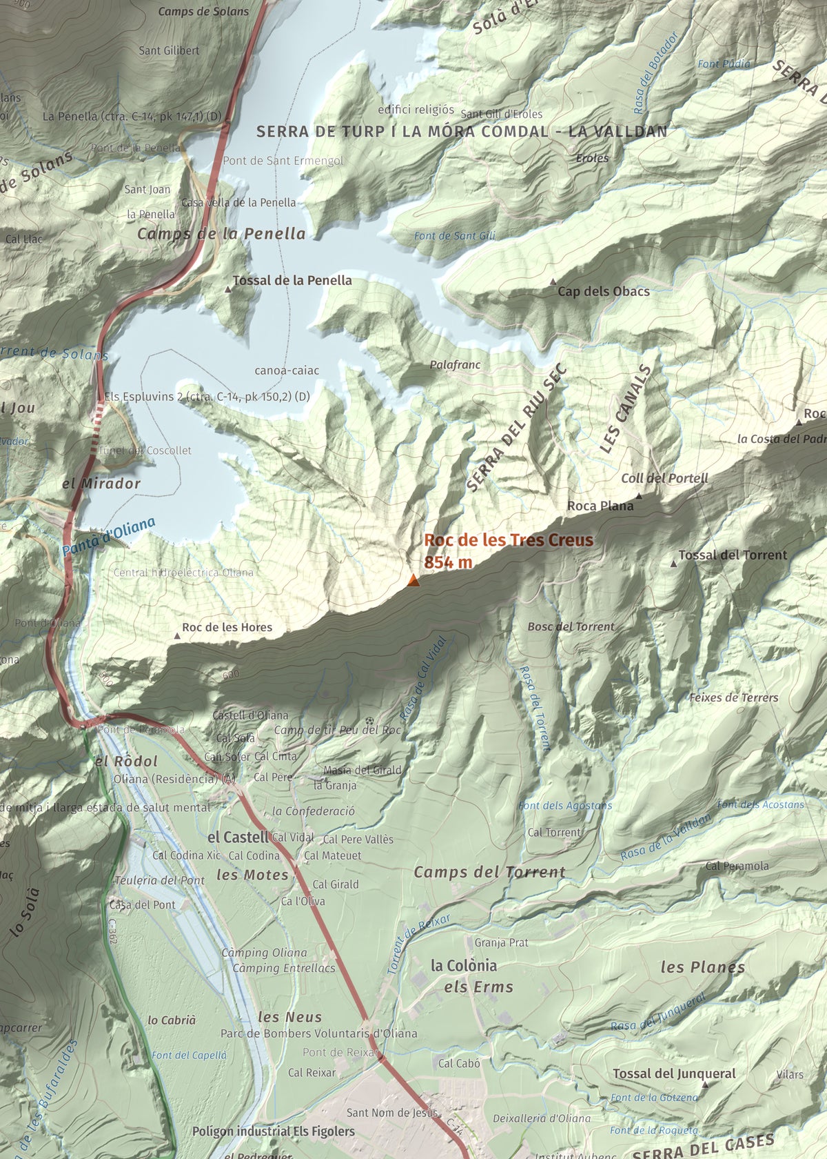 Mapa de relieve de Roc de les Tres Creus, 854 m, Alt Urgell, lámina 100 Cims de Trobart. Detalle de la zona central. 50 × 70 cm.