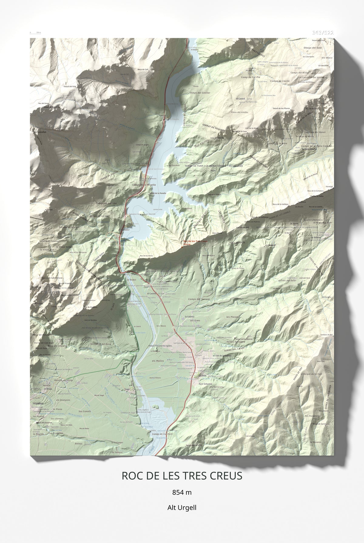 Mapa de relieve de Roc de les Tres Creus, 854 m, Alt Urgell, lámina 100 Cims de Trobart 61 × 91 cm.