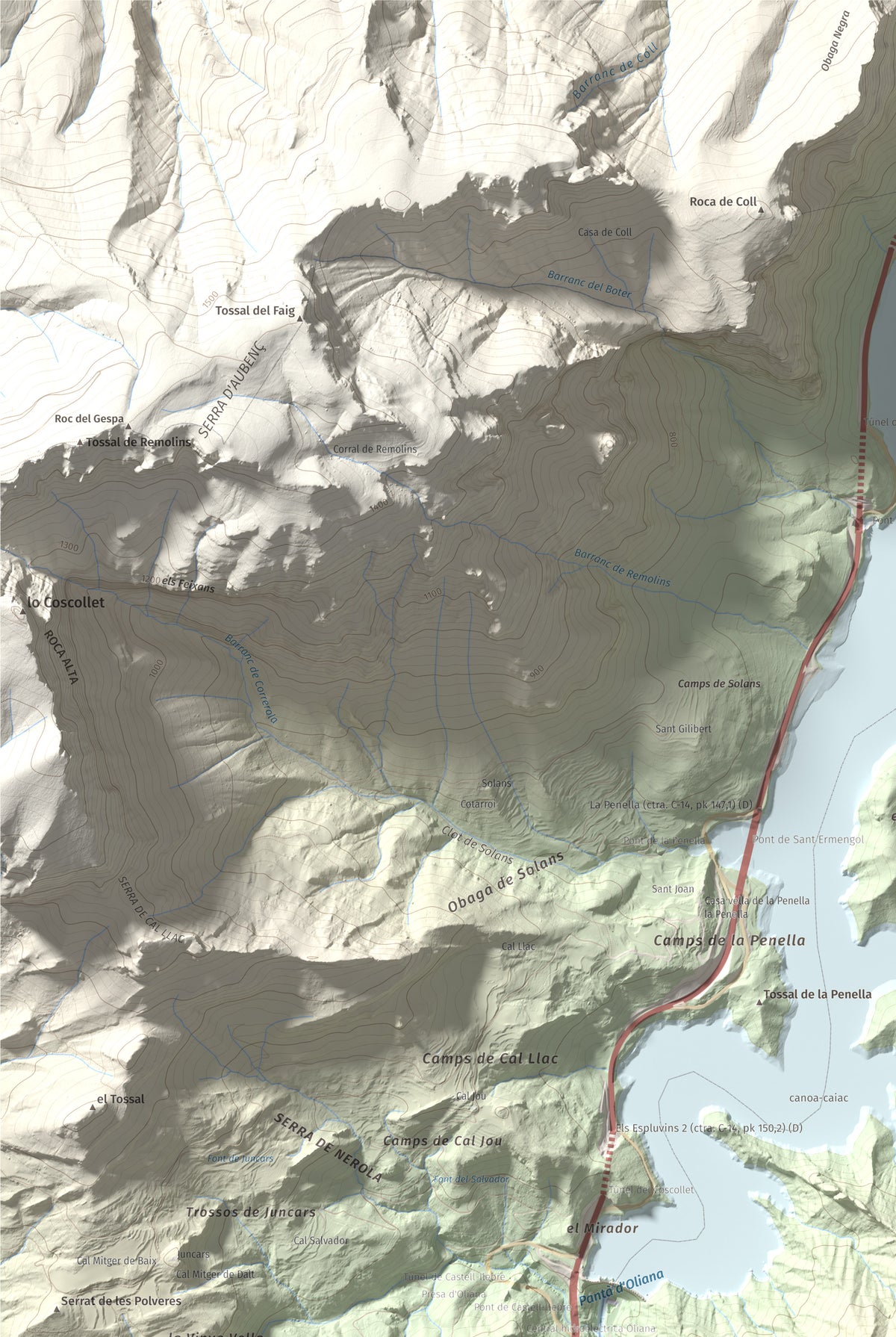 Mapa de relieve de Roc de les Tres Creus, 854 m, Alt Urgell, lámina 100 Cims de Trobart. Detalle de la zona superior izquierda. 61 × 91 cm.