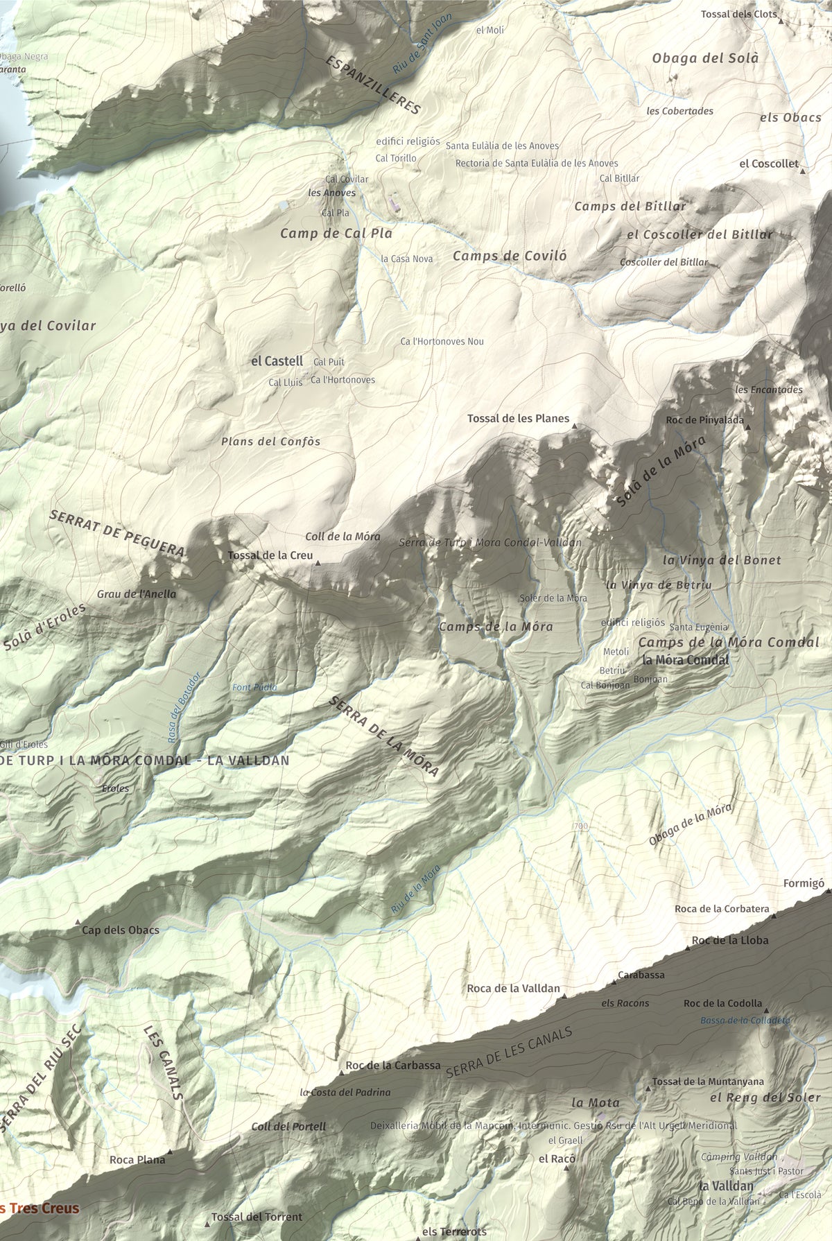 Mapa de relieve de Roc de les Tres Creus, 854 m, Alt Urgell, lámina 100 Cims de Trobart. Detalle de la zona superior derecha. 61 × 91 cm.
