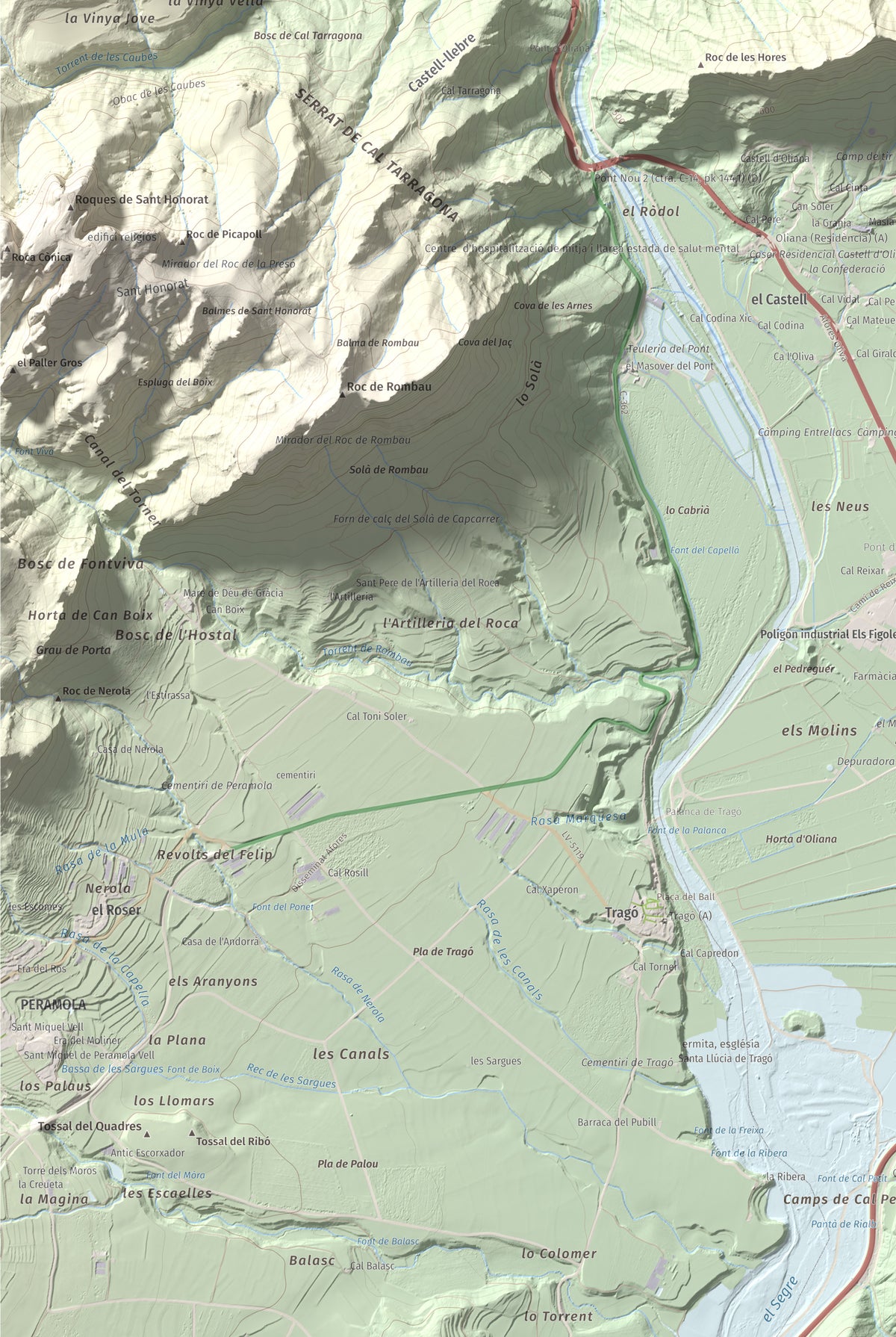 Mapa de relieve de Roc de les Tres Creus, 854 m, Alt Urgell, lámina 100 Cims de Trobart. Detalle de la zona inferior izquierda. 61 × 91 cm.