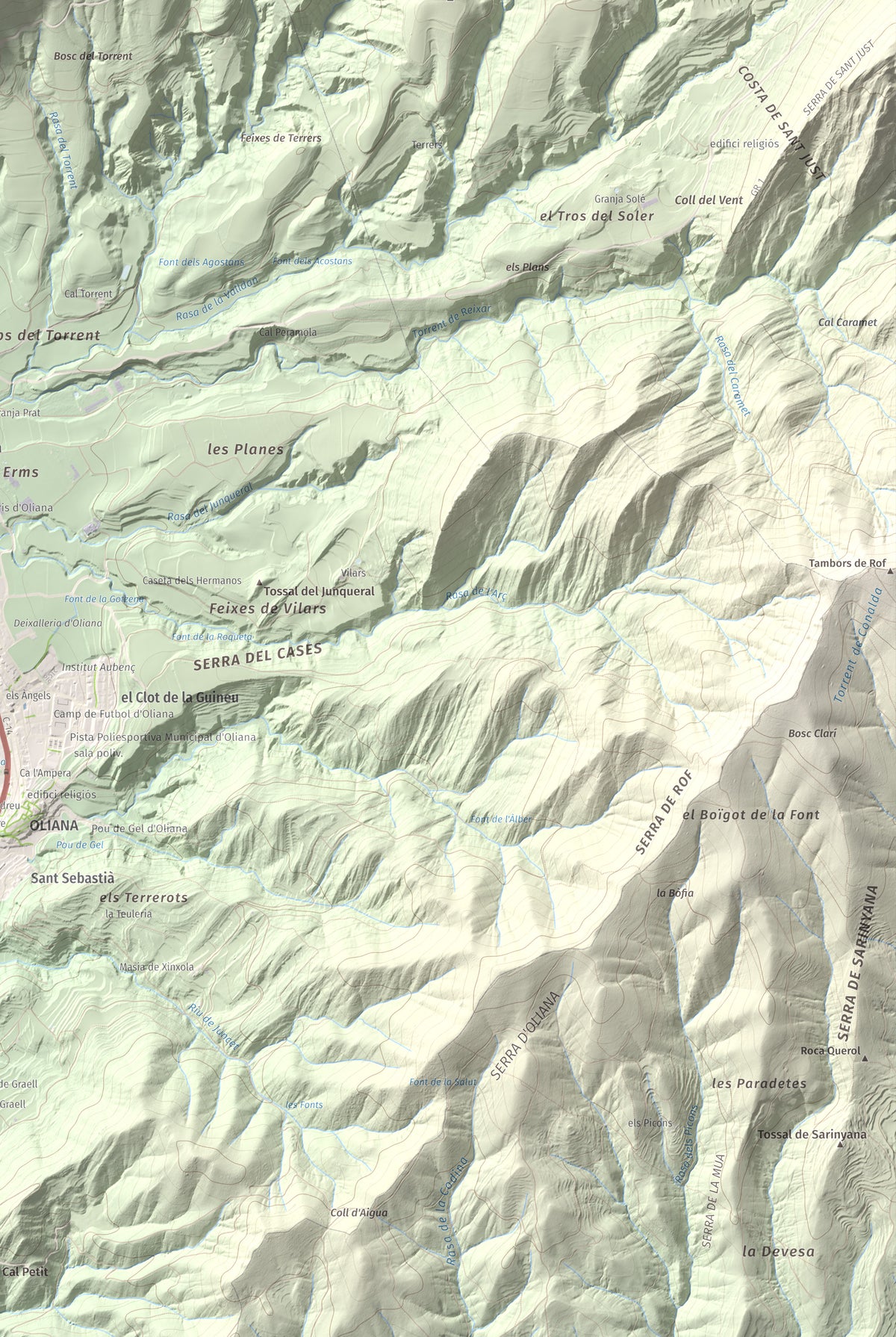 Mapa de relieve de Roc de les Tres Creus, 854 m, Alt Urgell, lámina 100 Cims de Trobart. Detalle de la zona inferior derecha. 61 × 91 cm.