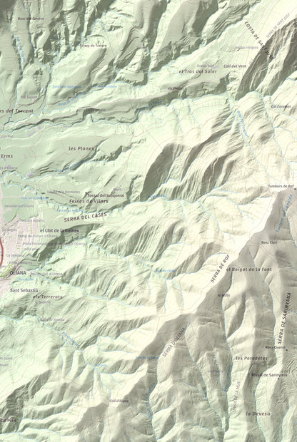 Mapa de relieve de Roc de les Tres Creus, 854 m, Alt Urgell, lámina 100 Cims de Trobart. Detalle de la zona inferior derecha. 61 × 91 cm.