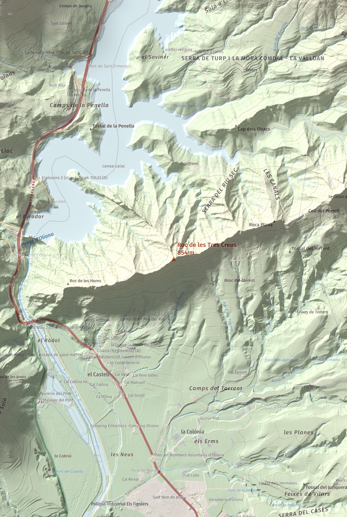 Mapa de relieve de Roc de les Tres Creus, 854 m, Alt Urgell, lámina 100 Cims de Trobart. Detalle de la zona central. 61 × 91 cm.