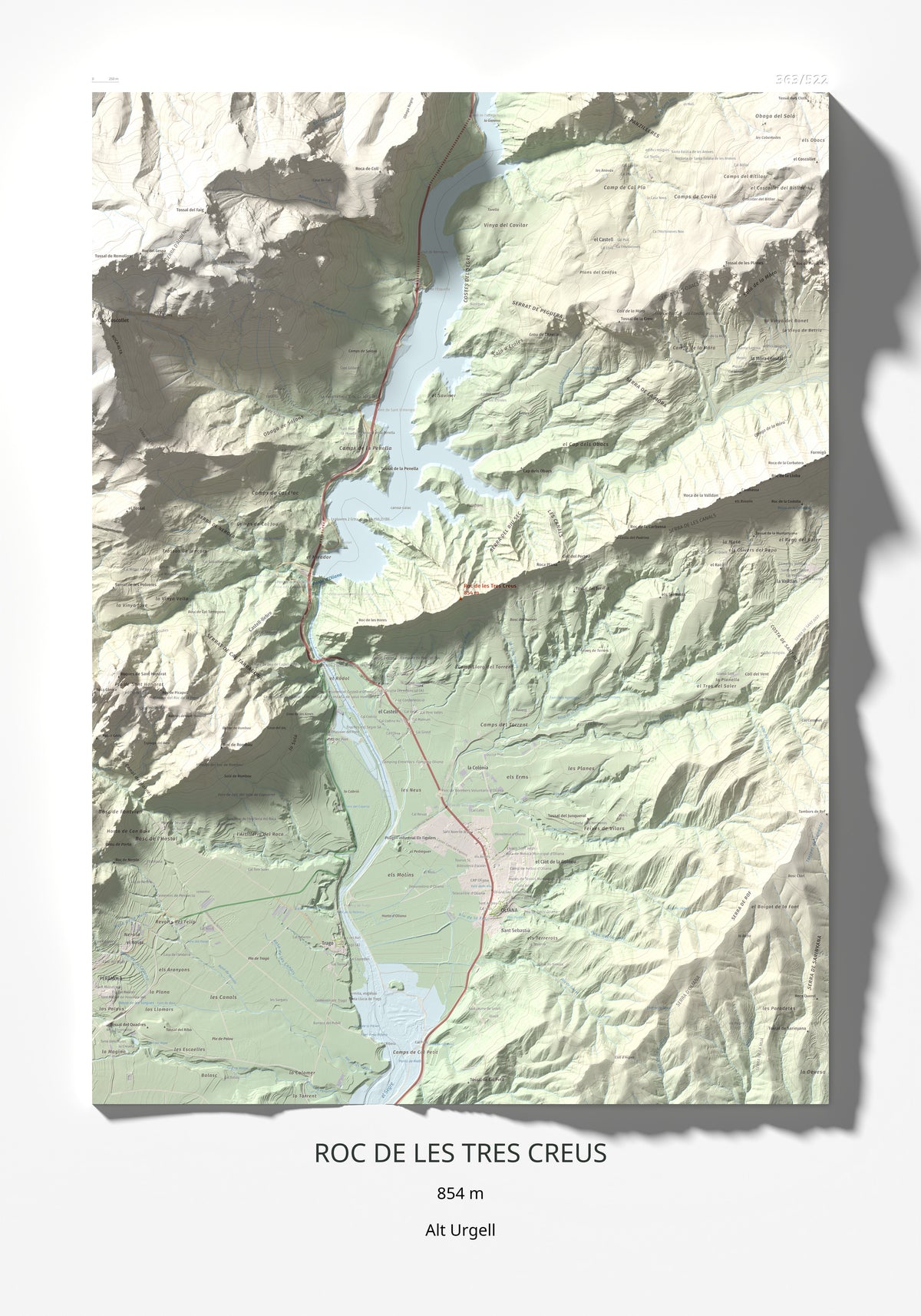 Mapa de relieve de Roc de les Tres Creus, 854 m, Alt Urgell, lámina 100 Cims de Trobart 70 × 100 cm.