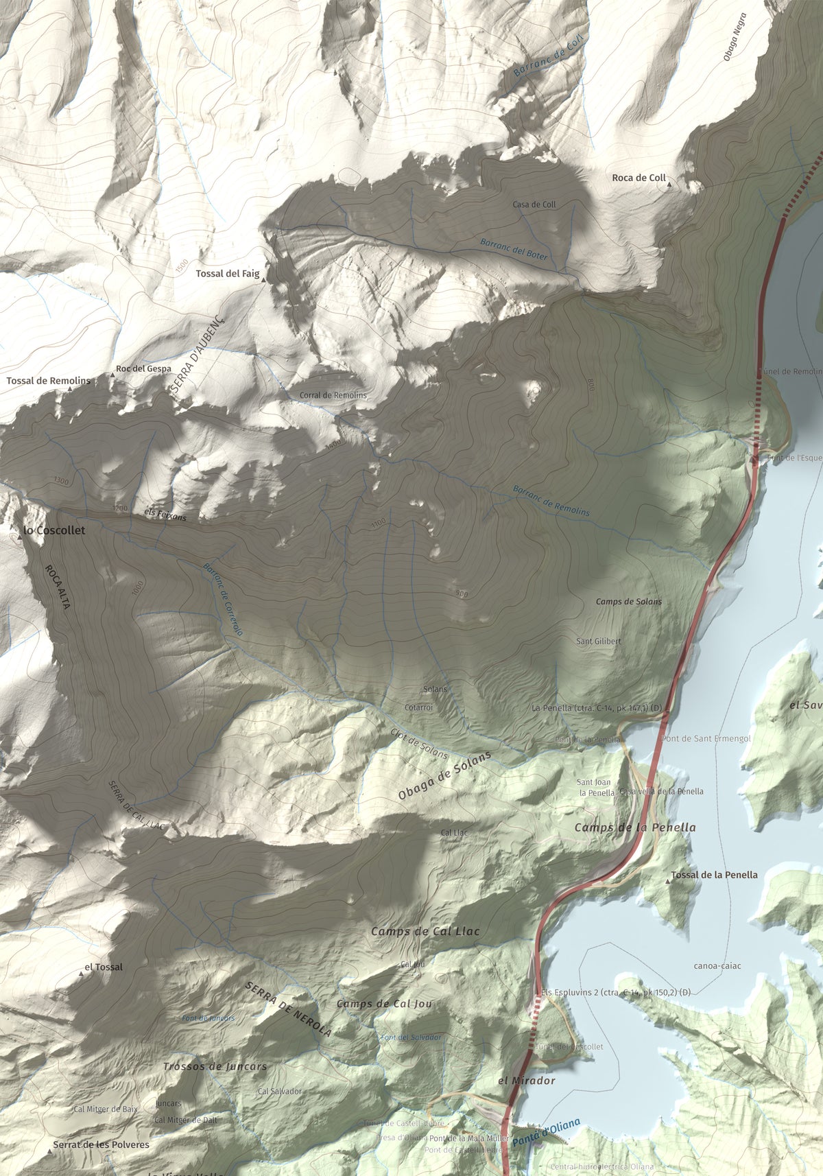 Mapa de relieve de Roc de les Tres Creus, 854 m, Alt Urgell, lámina 100 Cims de Trobart. Detalle de la zona superior izquierda. 70 × 100 cm.