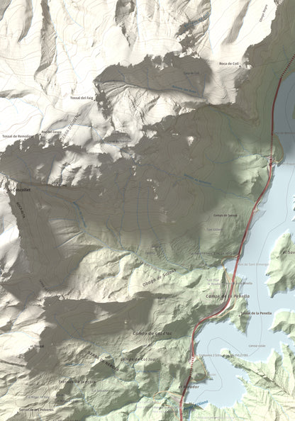 Mapa de relieve de Roc de les Tres Creus, 854 m, Alt Urgell, lámina 100 Cims de Trobart. Detalle de la zona superior izquierda. 70 × 100 cm.