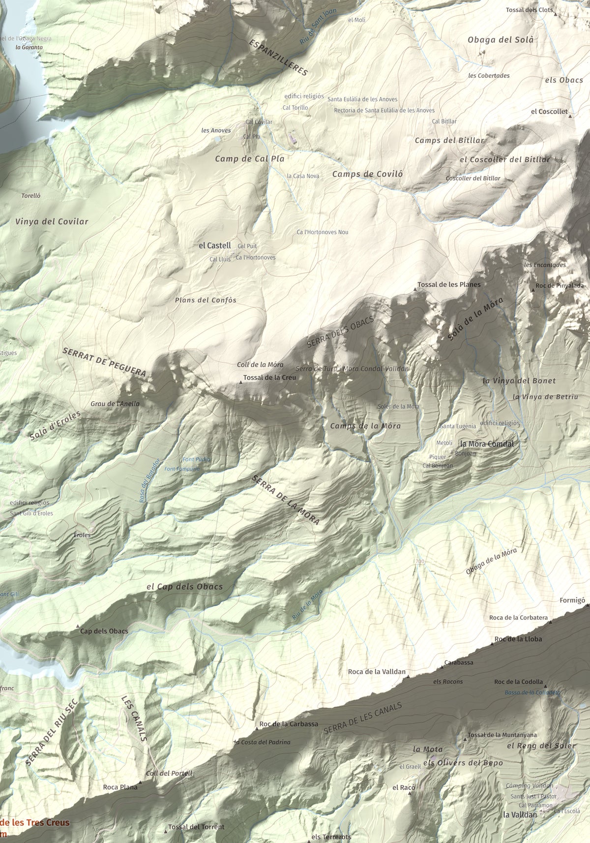 Mapa de relieve de Roc de les Tres Creus, 854 m, Alt Urgell, lámina 100 Cims de Trobart. Detalle de la zona superior derecha. 70 × 100 cm.