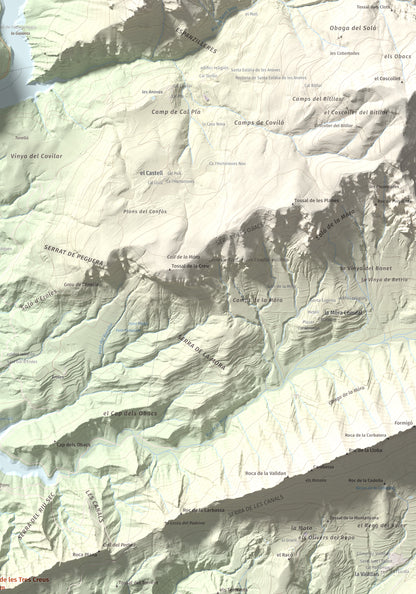 Mapa de relieve de Roc de les Tres Creus, 854 m, Alt Urgell, lámina 100 Cims de Trobart. Detalle de la zona superior derecha. 70 × 100 cm.