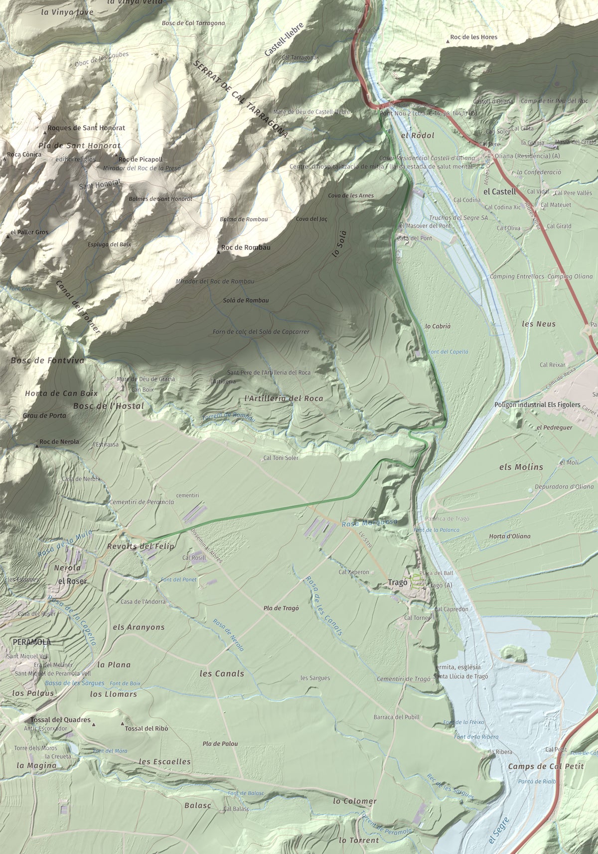 Mapa de relieve de Roc de les Tres Creus, 854 m, Alt Urgell, lámina 100 Cims de Trobart. Detalle de la zona inferior izquierda. 70 × 100 cm.