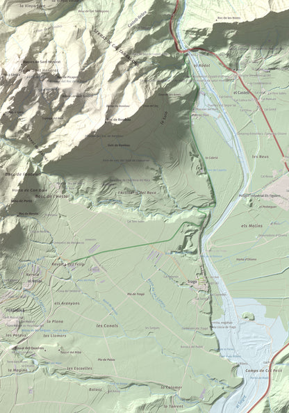 Mapa de relieve de Roc de les Tres Creus, 854 m, Alt Urgell, lámina 100 Cims de Trobart. Detalle de la zona inferior izquierda. 70 × 100 cm.