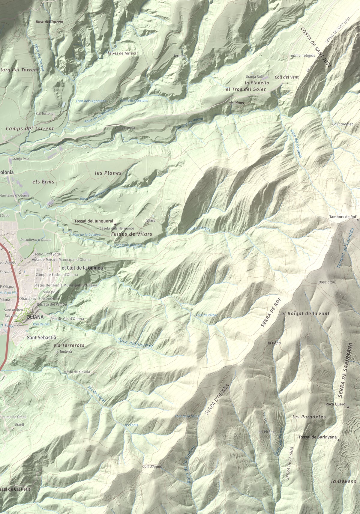Mapa de relieve de Roc de les Tres Creus, 854 m, Alt Urgell, lámina 100 Cims de Trobart. Detalle de la zona inferior derecha. 70 × 100 cm.
