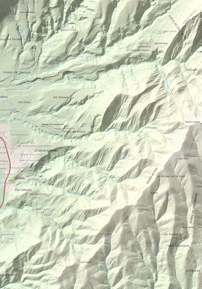 Mapa de relieve de Roc de les Tres Creus, 854 m, Alt Urgell, lámina 100 Cims de Trobart. Detalle de la zona inferior derecha. 70 × 100 cm.