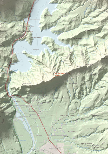 Mapa de relieve de Roc de les Tres Creus, 854 m, Alt Urgell, lámina 100 Cims de Trobart. Detalle de la zona central. 70 × 100 cm.
