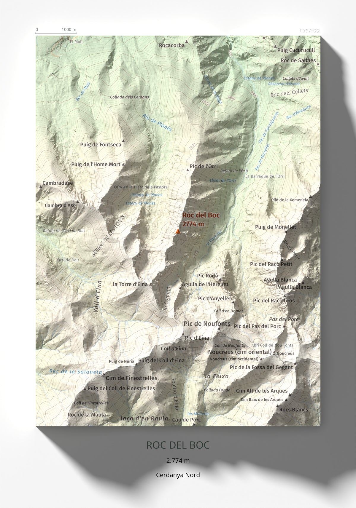 Mapa de relieve de Roc del Boc, 2774 m, Cerdanya Nord, lámina 100 Cims de Trobart 21 × 30 cm.