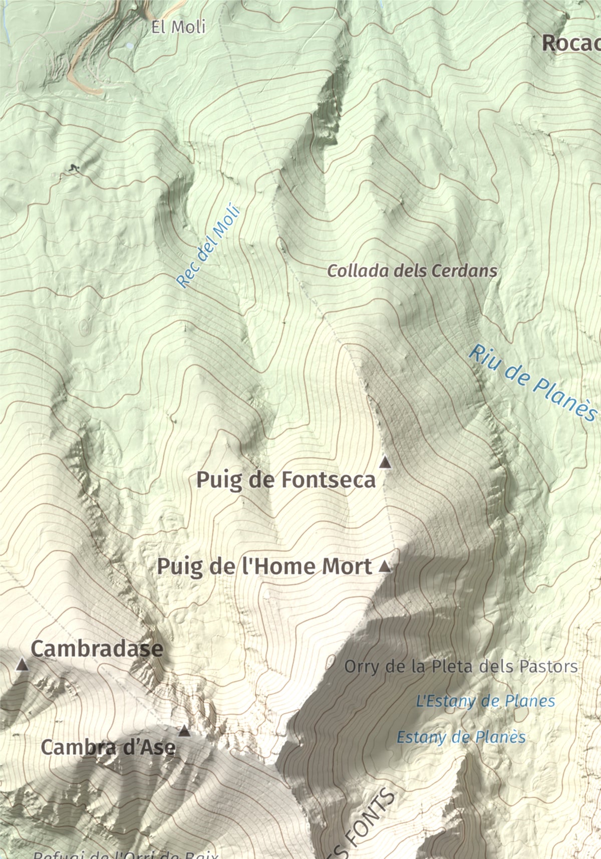 Mapa de relieve de Roc del Boc, 2774 m, Cerdanya Nord, lámina 100 Cims de Trobart. Detalle de la zona superior izquierda. 21 × 30 cm.