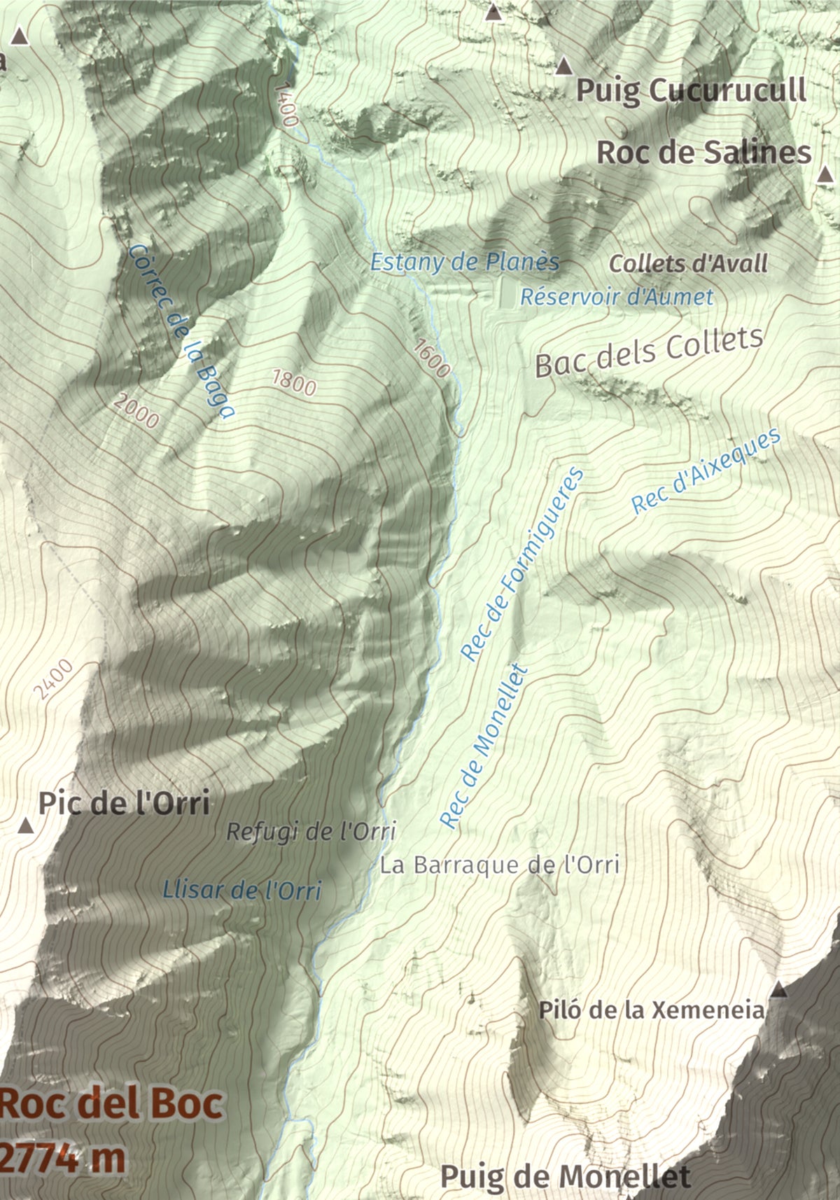 Mapa de relieve de Roc del Boc, 2774 m, Cerdanya Nord, lámina 100 Cims de Trobart. Detalle de la zona superior derecha. 21 × 30 cm.