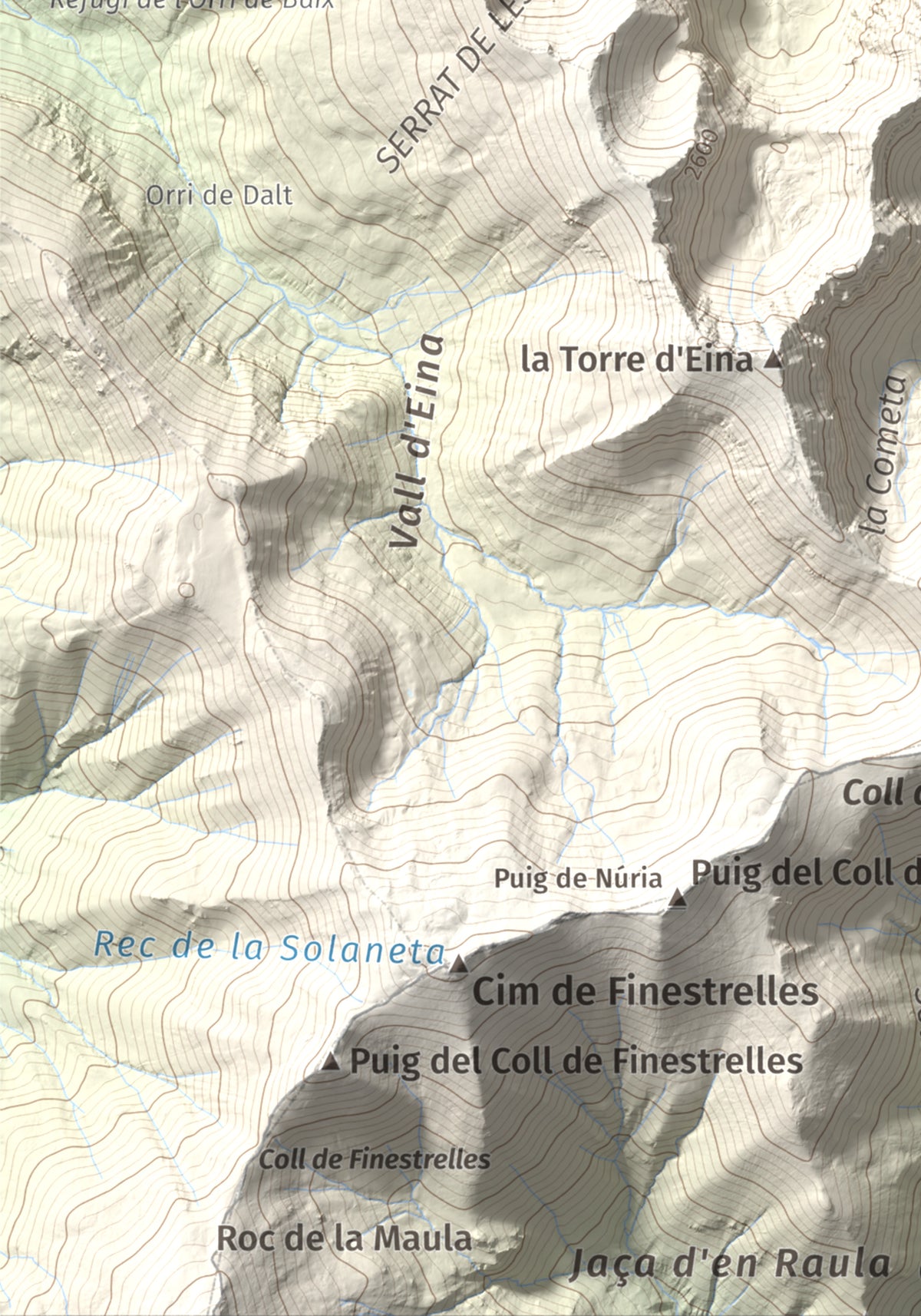 Mapa de relieve de Roc del Boc, 2774 m, Cerdanya Nord, lámina 100 Cims de Trobart. Detalle de la zona inferior izquierda. 21 × 30 cm.