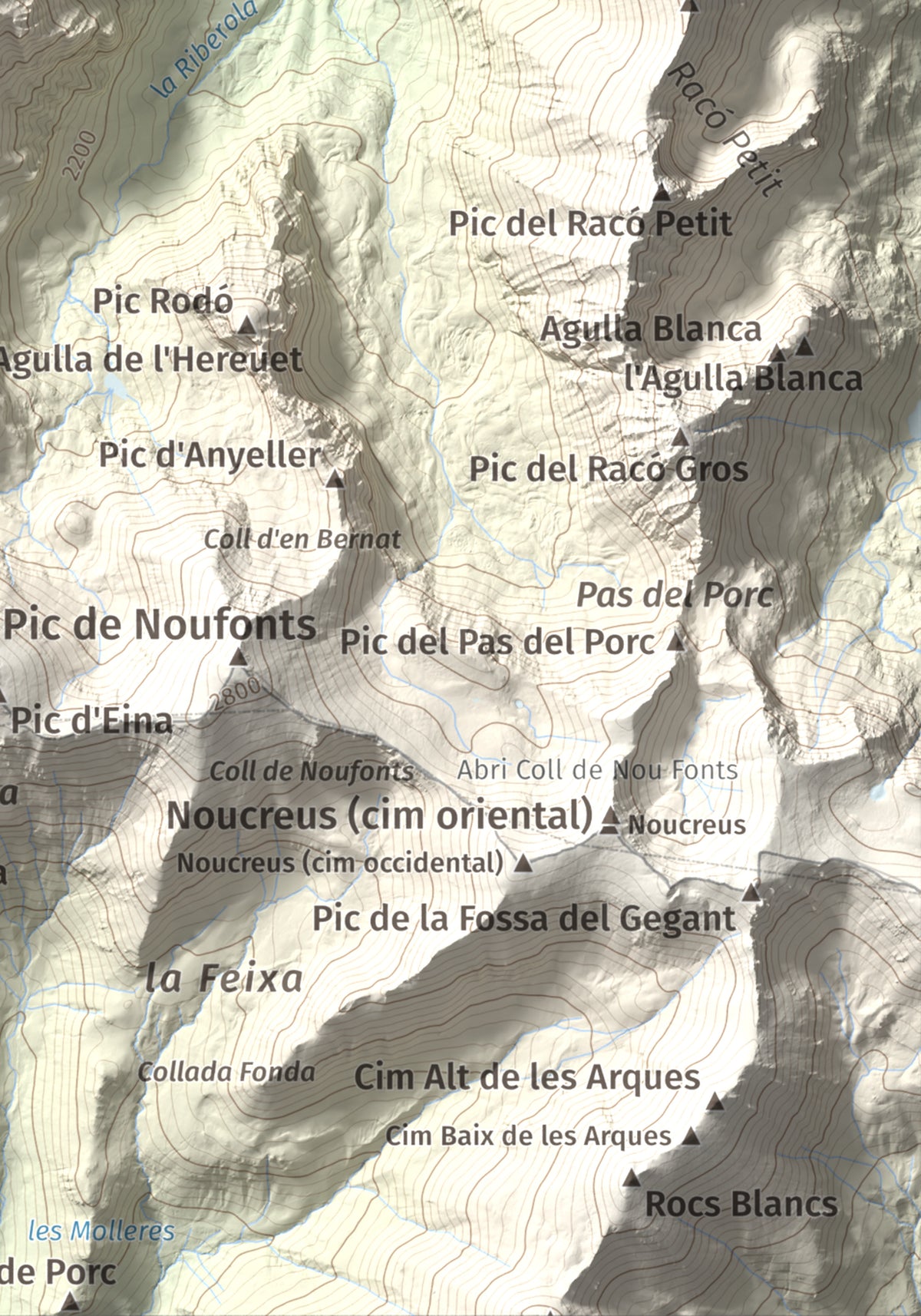 Mapa de relieve de Roc del Boc, 2774 m, Cerdanya Nord, lámina 100 Cims de Trobart. Detalle de la zona inferior derecha. 21 × 30 cm.