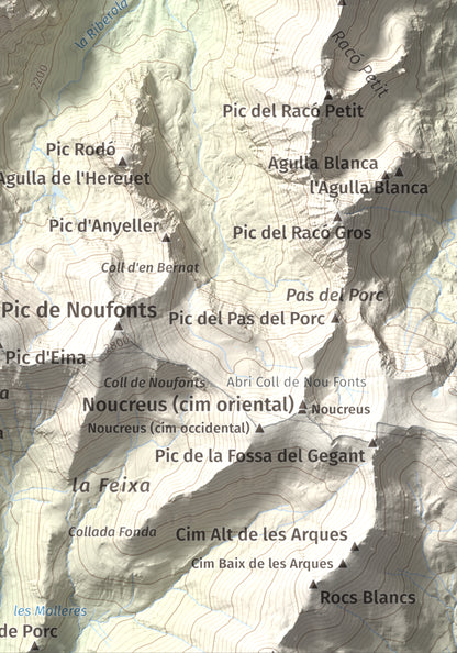 Mapa de relieve de Roc del Boc, 2774 m, Cerdanya Nord, lámina 100 Cims de Trobart. Detalle de la zona inferior derecha. 21 × 30 cm.
