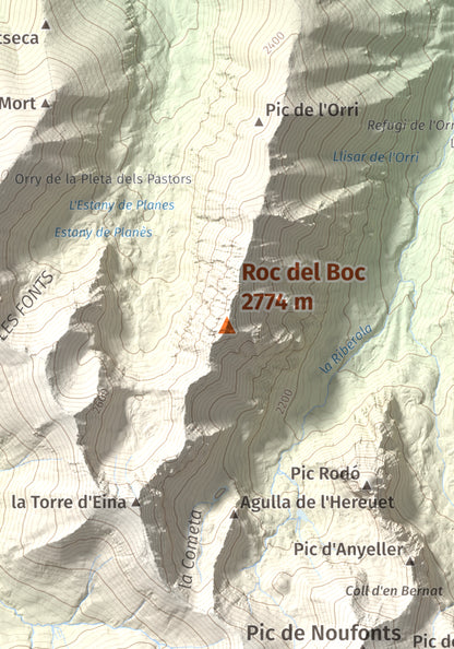 Mapa de relieve de Roc del Boc, 2774 m, Cerdanya Nord, lámina 100 Cims de Trobart. Detalle de la zona central. 21 × 30 cm.