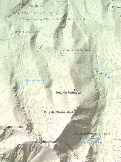Mapa de relieve de Roc del Boc, 2774 m, Cerdanya Nord, lámina 100 Cims de Trobart. Detalle de la zona superior izquierda. 30 × 40 cm.