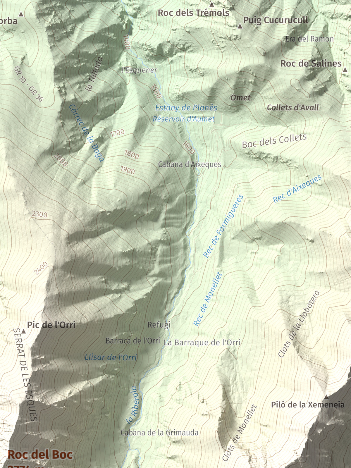 Mapa de relieve de Roc del Boc, 2774 m, Cerdanya Nord, lámina 100 Cims de Trobart. Detalle de la zona superior derecha. 30 × 40 cm.